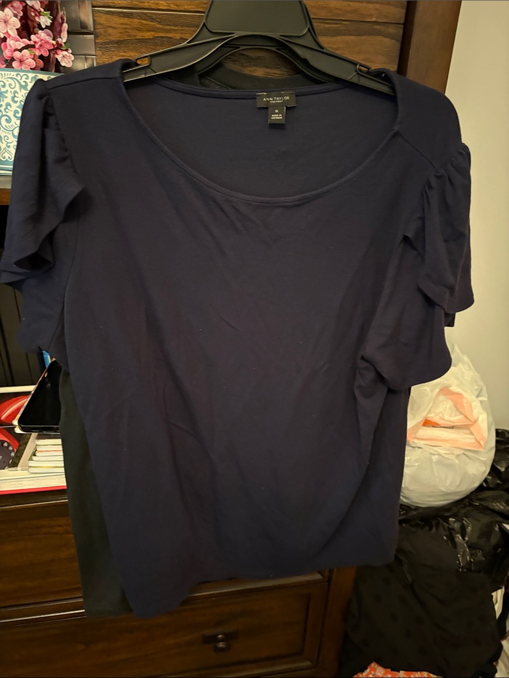 Ann Taylor Navy Ruffle Sleeve Scoop Neck Tee